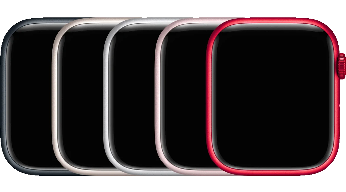Cinco modelos de Apple Watch Series 9 (GPS + Cellular) de alumínio mostrados lado a lado em todas as cores disponíveis
