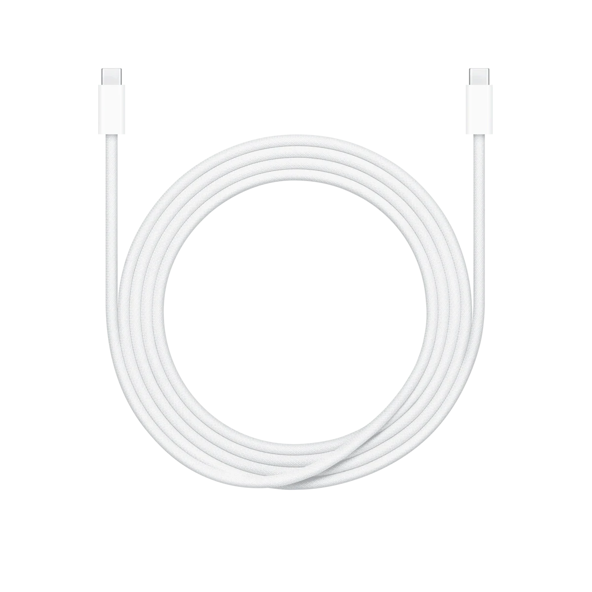 Imagem de cima para baixo do cabo enrolado, com os conectores USB-C nas duas pontas.