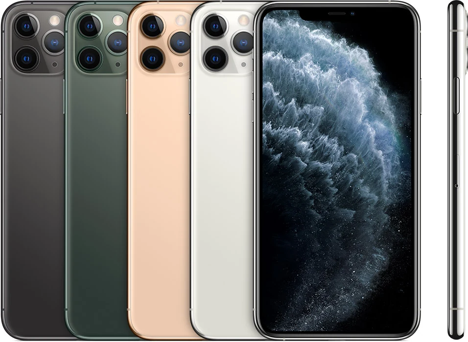 iPhone 11 Pro Max: imagem oficial de identificação da família, com várias cores. Produto ilustrativo; não é foto da unidade real do fornecedor.