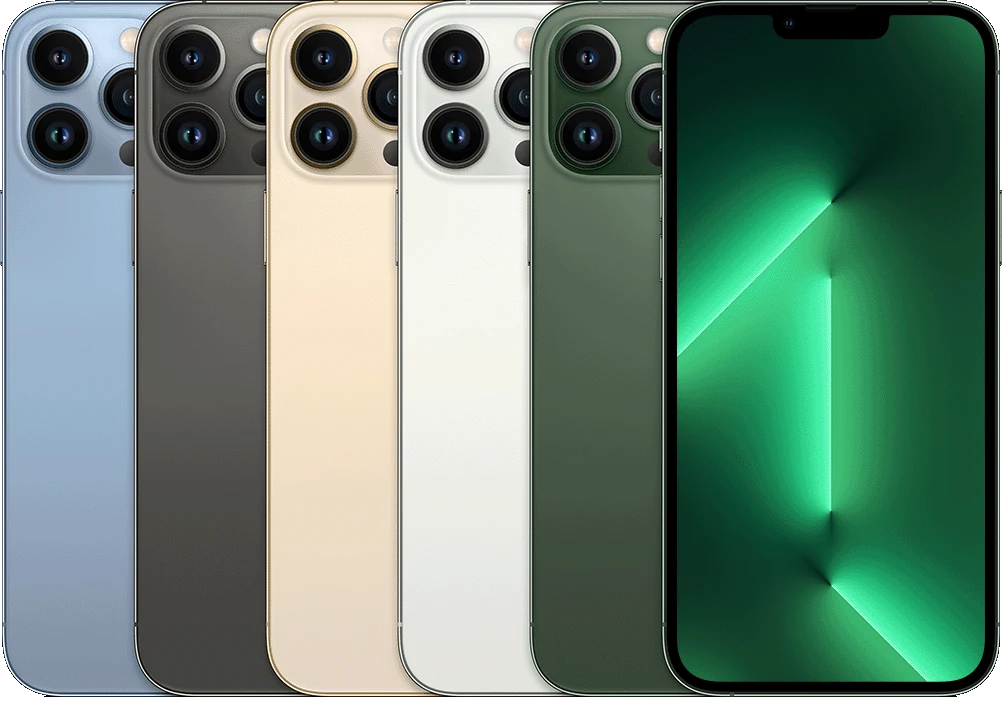 A parte de trás de vários dispositivos iPhone, lado a lado, em todas as cores disponíveis, seguidas pela frente de um.