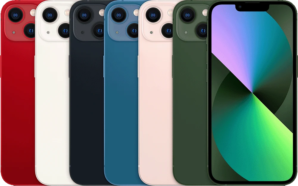 A parte de trás de vários dispositivos iPhone, lado a lado, em todas as cores disponíveis, seguidas pela frente de um.