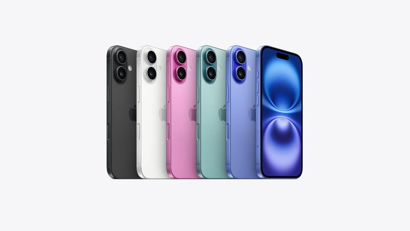 Todas as cinco cores do iPhone 16: preto, branco, rosa, verde-acinzentado, ultramarino.