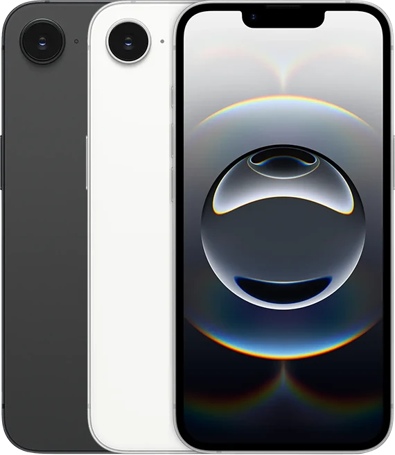 A parte de trás de vários dispositivos iPhone, lado a lado, em todas as cores disponíveis, seguidas pela frente de um.