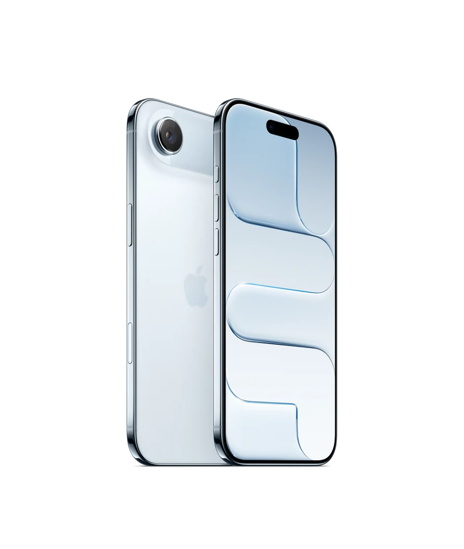 Parte de trás do iPhone Air azul-céu mostrando o sistema de câmera 2 em 1. Parte da frente com design todo tela, Dynamic Island, moldura preta fina da tela, lateral em titânio, botão de Ação, botões de volume, botão lateral e Controle da Câmera.