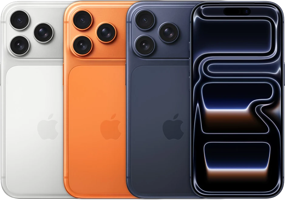 A parte de trás de vários dispositivos iPhone, lado a lado, em todas as cores disponíveis, seguidas pela frente de um.