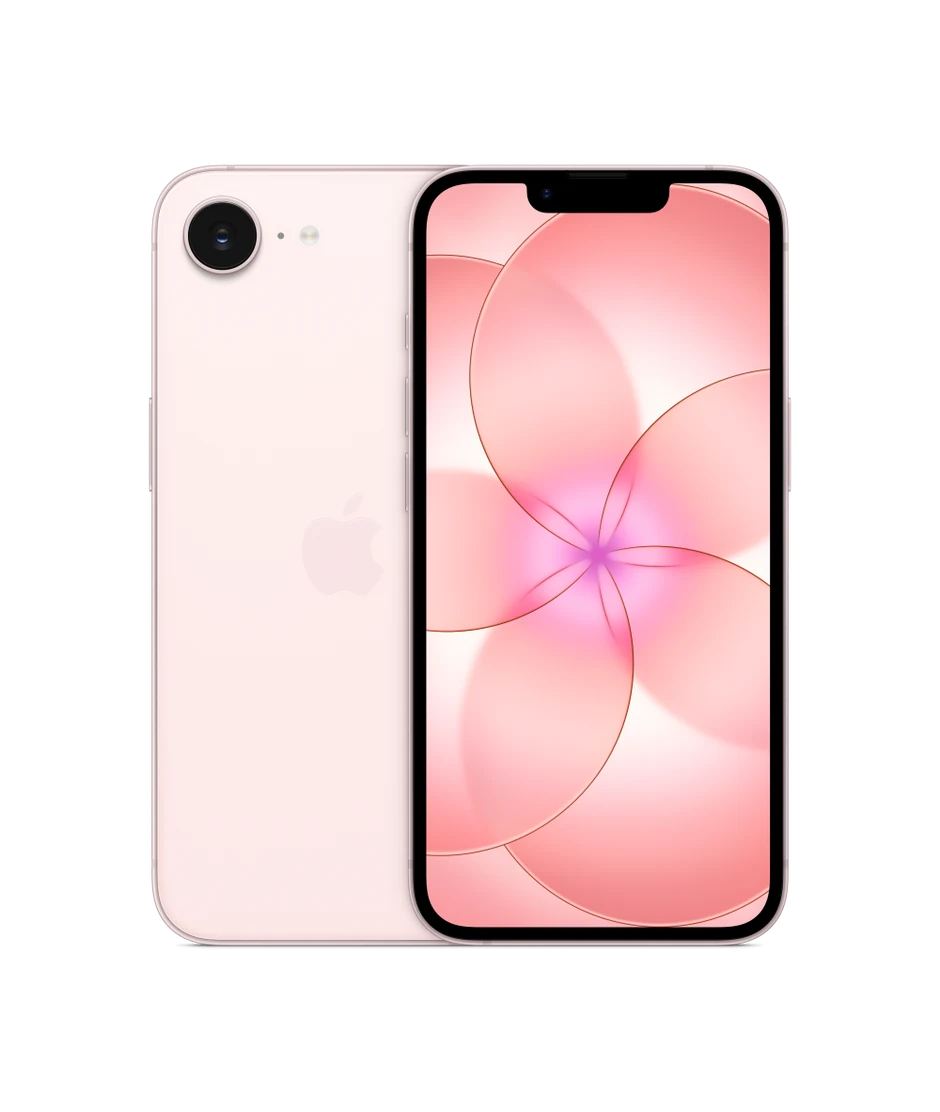 Parte de trás do iPhone 17e rosa-pálido, com sistema de câmera Fusion, logotipo da Apple no centro. A parte da frente tem tela de ponta a ponta, o entalhe com a câmera TrueDepth, moldura preta e fina, bordas arredondadas e laterais retas