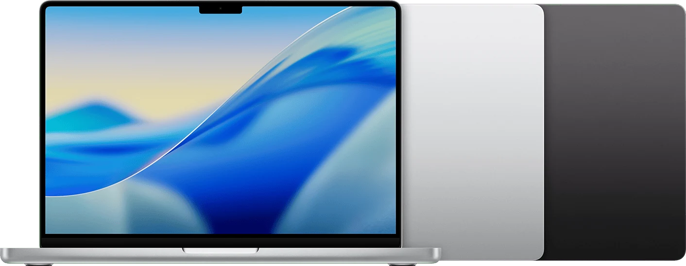 MacBook Pro (14 polegadas, M5) em prateado e preto-espacial.