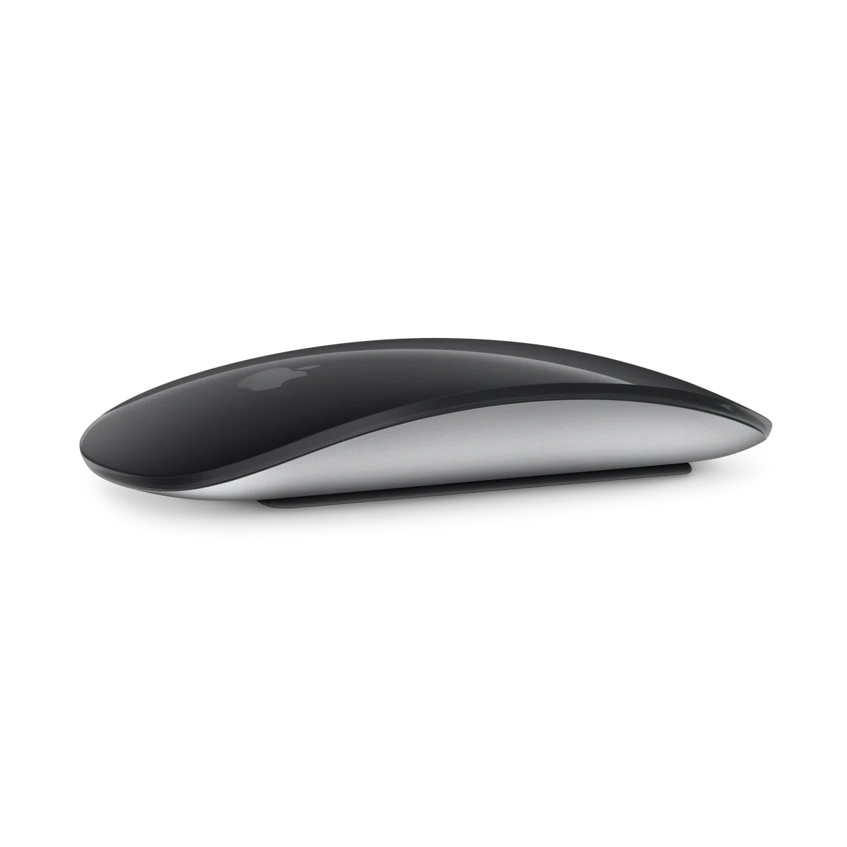 Magic Mouse, superfície Multi-Touch preta e estrutura em alumínio prateado.